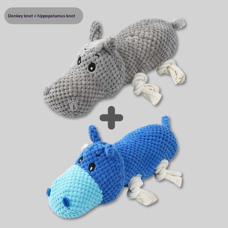 Gray and blue crocheted hippo dog toys with rope knots for chewing